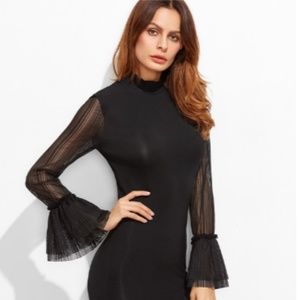 Black Mock Neck Sheer Bell Sleeve Bodycon Dress